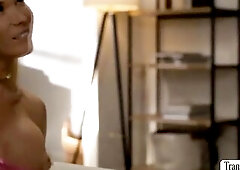 Breasty blond tgirl Aubrey Kate and Twink Derek Kage are giving a kiss every other on the bed