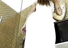 Strap changing solo hotty in sun costume stops home of cheating spouse and there are cameras everywhere to watch her twat & booty