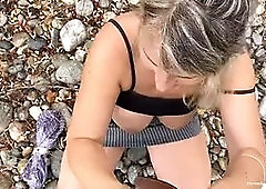 Busty MILF almost caught while fucking by the river