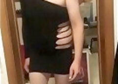 trying some minidresses in a sexy shop before sex with owner