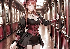 From the grand corridors to the quiet contemplation of the mechanical hall, this red-haired Steampunk Duchess locks her icy gaze onto u. Clothed in a 
