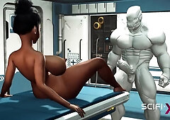 A sexy young busty ebony has hard anal sex with sex robot in the medbay - Creampie