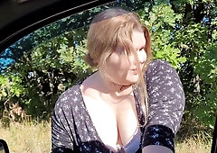 Blonde couple makes passionate love in the forest with sheer pantyhose torn