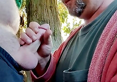 Outdoor gay cock sucking with an older younger twist in the woods