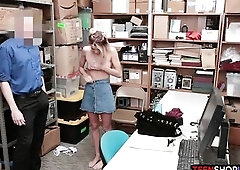 Slender teen thief Emma Hix busted by a bawdy mall cop who gave her a way out which meant that babe had to suck and bang him 1st