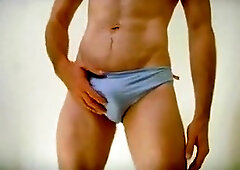 Speedo bulge bushy strapon tease and jack off to hard jizz flow