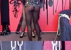 Aged Leather Female-dominator Binds Her Fishnet Thrall
