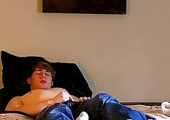 Fingering his little hole while masturbating