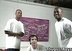 Ugly white guy sucking and fucking two black cock 1