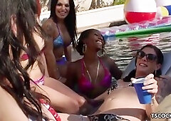 Transgender orgy by the pool with Morgan Bailey, Mandy Mitchell, Eva Lin, Foxxy, and Tameka