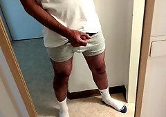 crazy stud in white socks jerking off his jizz-shotgun, noisy yelling