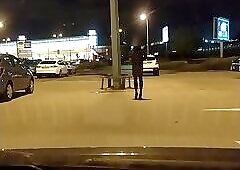 Young Polish crossdresser teen Claudia walking outdoor public in platform highheels