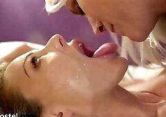 Hostel lesbians fuck with huge strapon in wet pussies