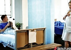 Sexy blond nurse Georgie Lyall gets screwed by a patient in the hospital and receives a huge facial in the end.