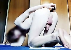 cute trap plays with her constricted dark hole and cums all over her legs (trailer)