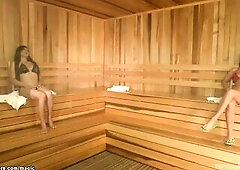 Brunette Hair hottie Roxy Raye masturbates in front of Oriental tranny Venus Lux in steamy sauna then TS anal screws her with large knob in public res