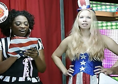Yumi Saito, Kitty Black, Gabriella Porttioli and Ellen Peterson star in a French erotic game show parody