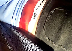 No Arms nutting in crimson undergarments and yoga trousers