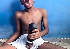 Amateur straight, flashlight cum, big cock solo masturbation