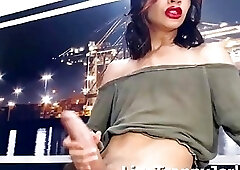 Skinny shemale teases with her massive cock and jerks off