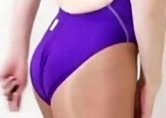 [no porn] Japanese Sissy image clip with Purple Swimsuit and Tan Pantyhose, Thigh-high Boots