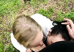 2 Girlfriends Suck Rod in the Woods - Trio Outdoor Oral - Public POV