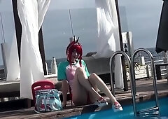 Cosplay redhead teen seductress posing in bikini in the pool
