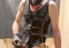 Goth Masturbation With Black Body Harness And Stockings