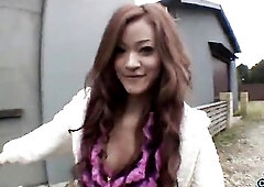 An handsome Oriental female engages in manual stimulation outdoors and performs blowjob to get cumshot.