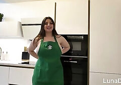 I wanted to surprise my boyfriend by putting on a very hawt Barista outfit with the little apron and the cap, out of underclothing. I went into the ga