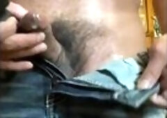 Wanking, rubbing and vibrating my dong until I cum in my jeans + I show the load