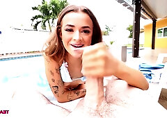 Observing from the edge of the water, a playful suggestion.