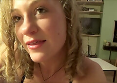 Young blonde teen films herself giving a blowjob and taking a cumshot to the face