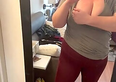 walking braless in public - t-shirt and leggings